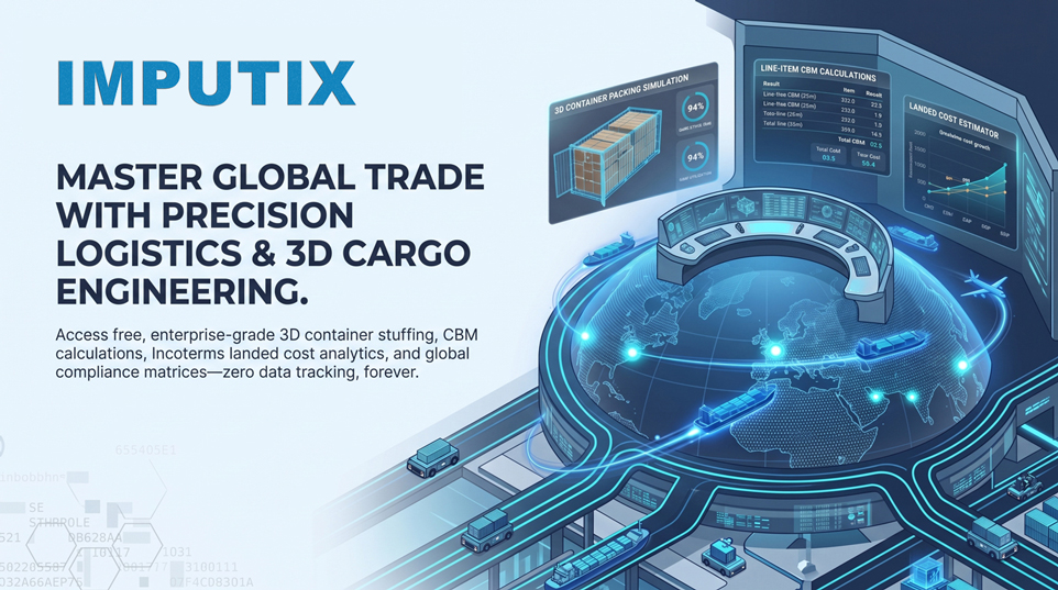 IMPUTIX platform visual: 3D container packing simulation, CBM calculations and landed cost analytics over a global logistics network